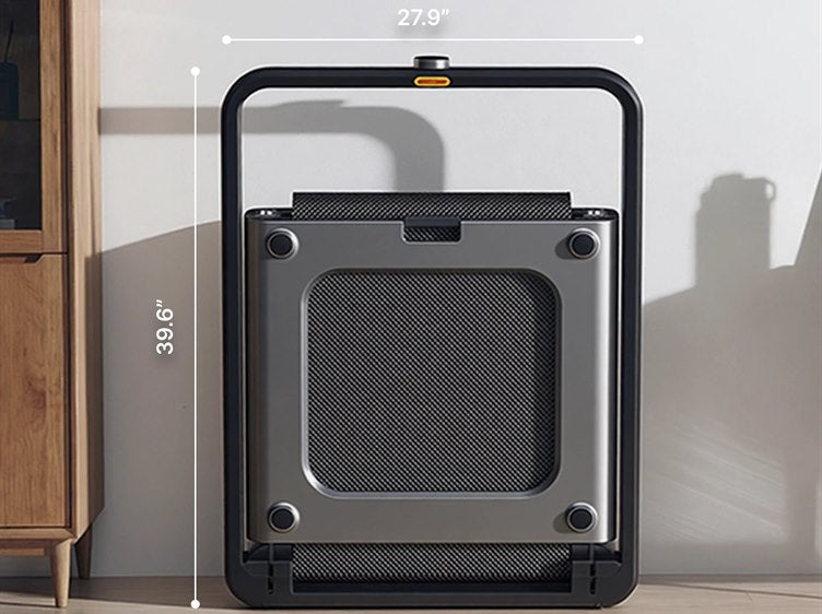 WalkingPad X21 folding treadmill folded and stored upright against a wall, with its 27.9 in width and 39.6 in height marked