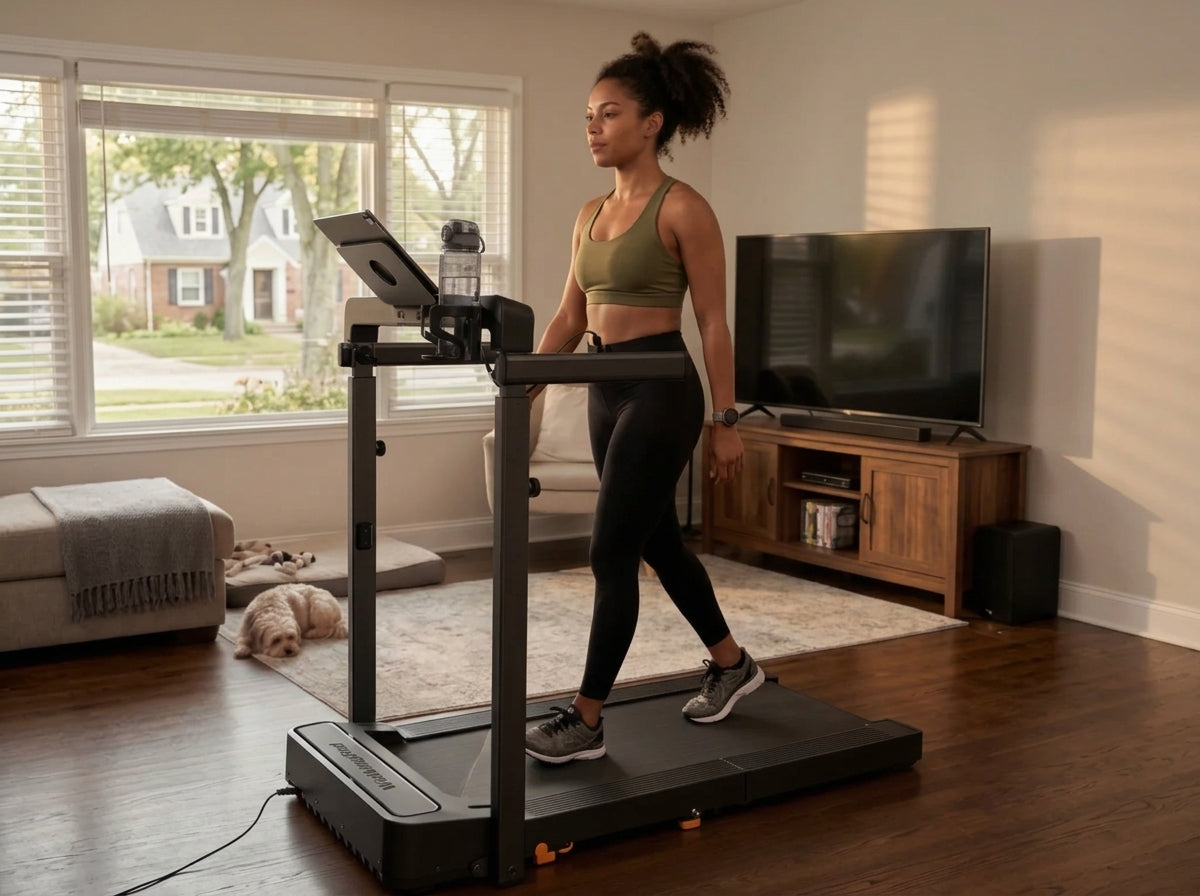 Woman walking on a KingSmith WalkingPad MX8 treadmill in a living room.
