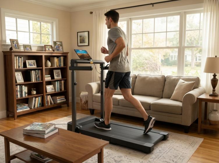Man jogging on a KingSmith WalkingPad MX8 Plus treadmill in a living room