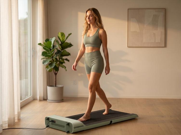 Woman walking barefoot on a KingSmith WalkingPad WalkingCase treadmill in a bright home workout space.